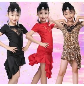 Black red leopard zebra royal blue lace patchwork front hollow lace short sleeves irregular skirt girls kids children performance school play latin salsa cha cha dance dresses outfits